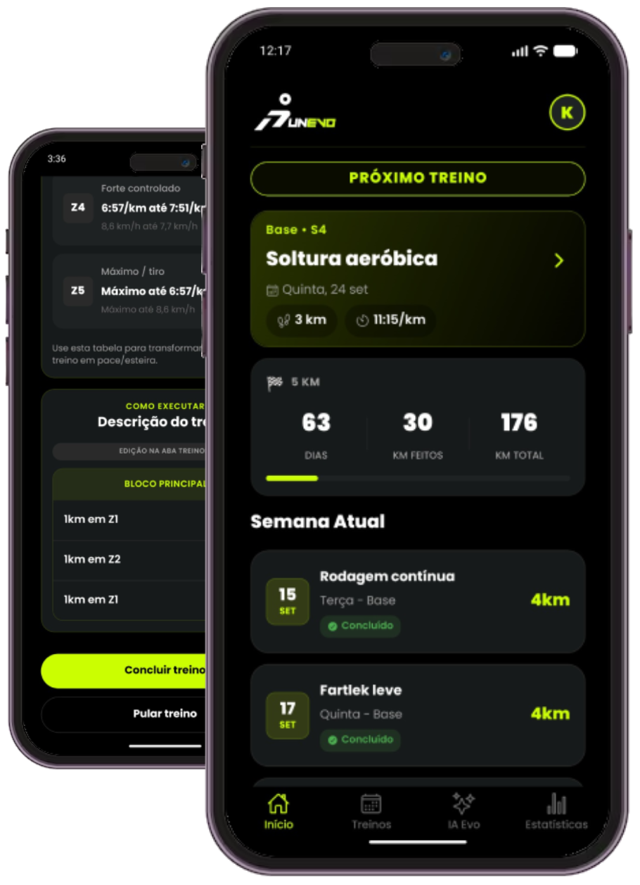 Telas do aplicativo RunEvo em smartphones.